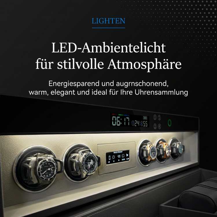 Chronoguard Uhrenbeweger Atrium Uhrenbeweger für 6 Automatikuhren – PU-Leder Grau, Fingerabdruck