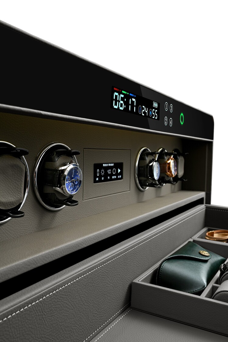 Chronoguard Uhrenbeweger Atrium Uhrenbeweger für 6 Automatikuhren – PU-Leder Grau, Fingerabdruck