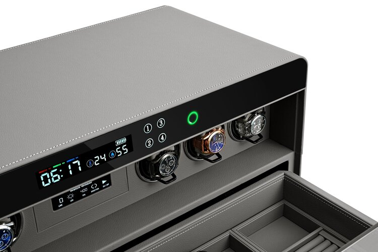 Chronoguard Uhrenbeweger Atrium Uhrenbeweger für 6 Automatikuhren – PU-Leder Grau, Fingerabdruck