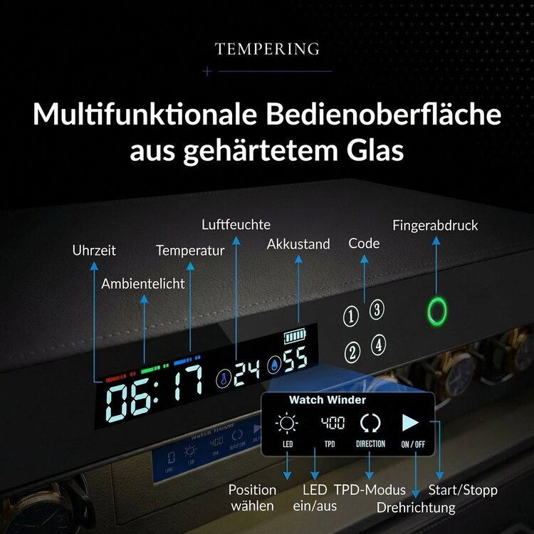 Chronoguard Uhrenbeweger Atrium Uhrenbeweger für 6 Automatikuhren – PU-Leder Weiss, Fingerabdruck