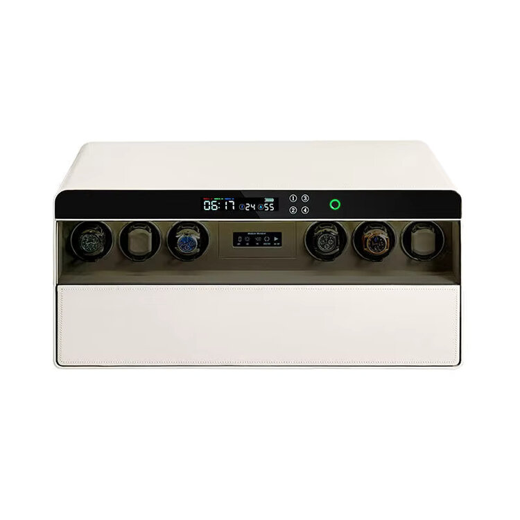 Chronoguard Uhrenbeweger Atrium Uhrenbeweger für 6 Automatikuhren – PU-Leder Weiss, Fingerabdruck