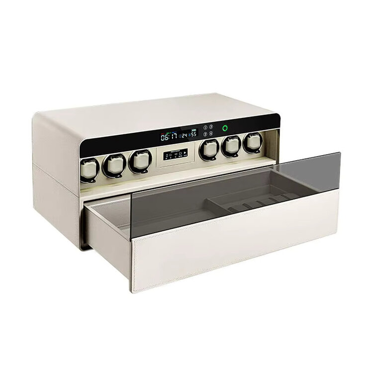 Chronoguard Uhrenbeweger Atrium Uhrenbeweger für 6 Automatikuhren – PU-Leder Weiss, Fingerabdruck