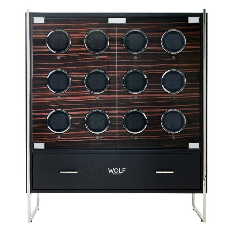Wolf 1834  Roadster 12 Piece Watch Winder Cabinet - Black / Ebony Macassar