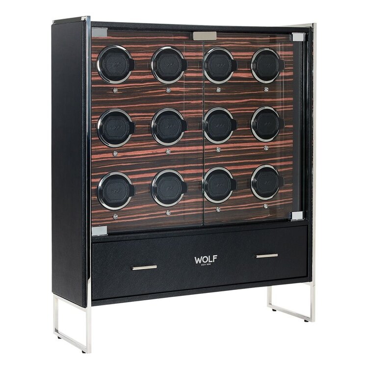 Wolf 1834  Roadster 12 Piece Watch Winder Cabinet - Black / Ebony Macassar