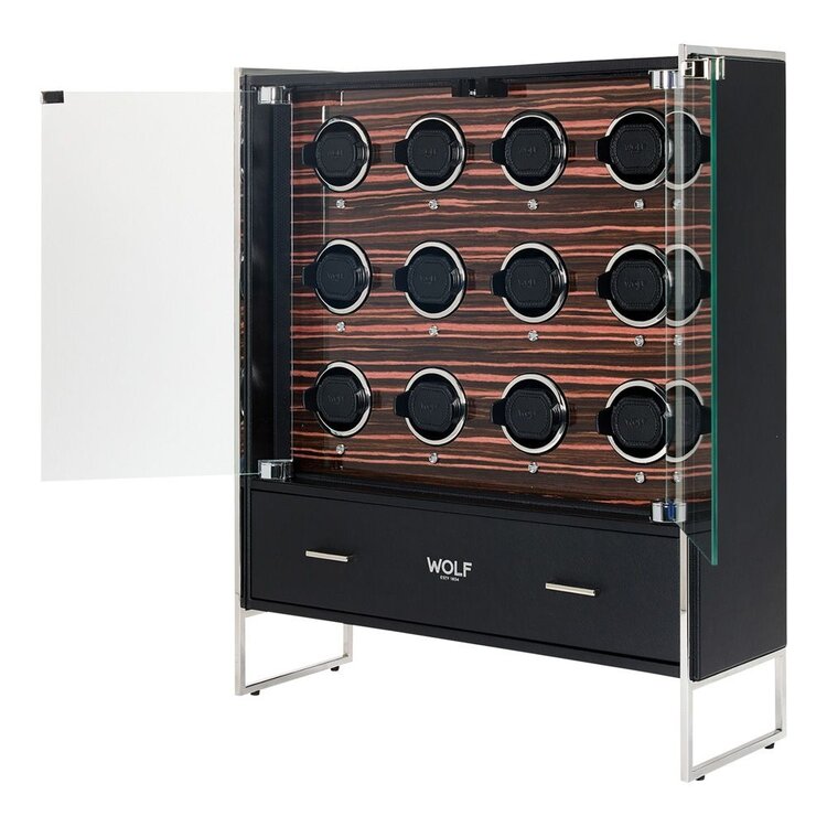 Wolf 1834  Roadster 12 Piece Watch Winder Cabinet - Black / Ebony Macassar