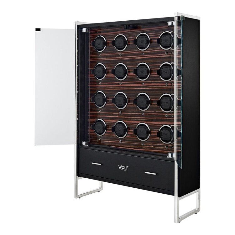 Wolf 1834  Roadster 16 Piece Watch Winder Cabinet - Black / Ebony Macassar