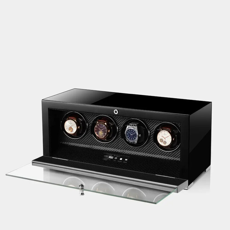 Modalo Uhrenbeweger Uhrenbeweger für 4 Automatikuhren – Hochglanz Carbon, Touch-Display, leise | Clasico Premium