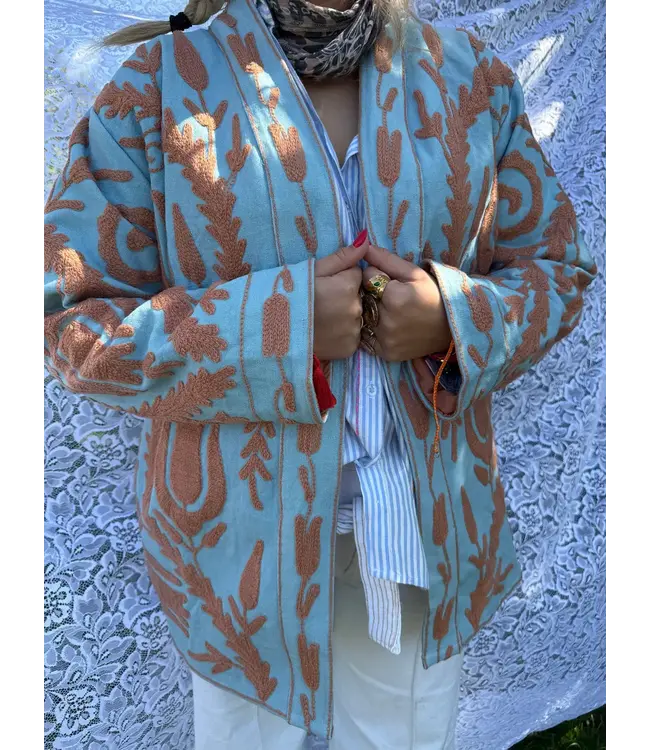 Long cotton Embroidery Light Turquoise Beige