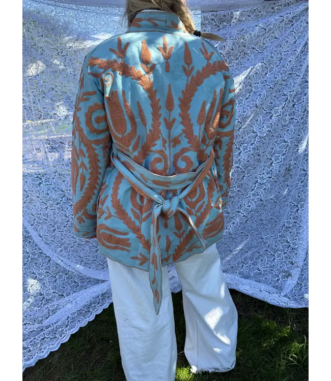 Long cotton Embroidery Light Turquoise Beige