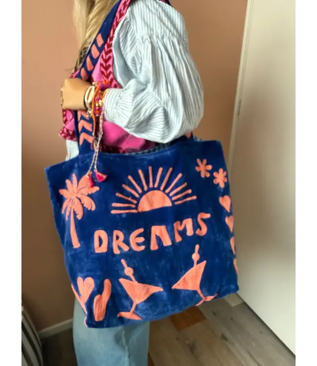 Velvet Embroidery Tout Bag - Blue