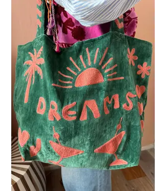 Tout Vintage Velvet Embroidery Tout Bag - Green