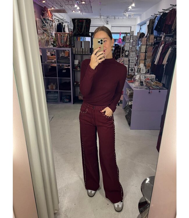 Kyra Studs Wide Leg Jeans - Bordeaux