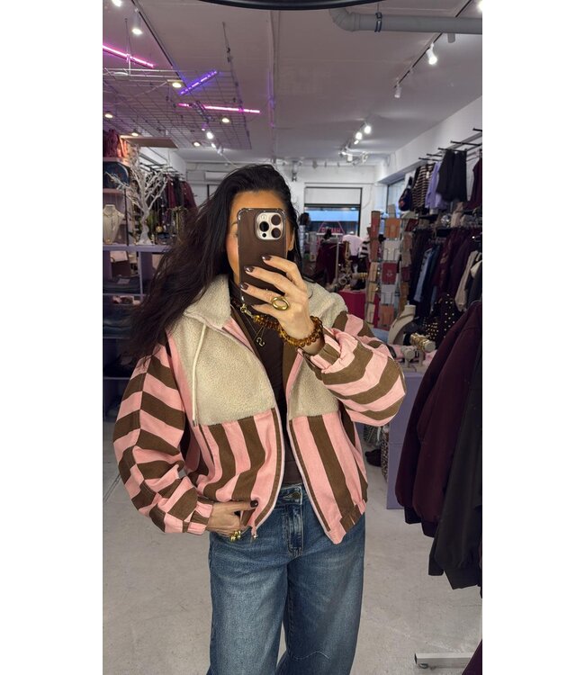 Teddy Stripe Cardigan - Pink/Brown