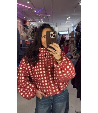 Teddy Grid Cardigan - Coral/Beige