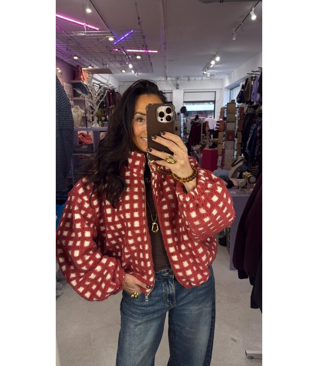 Teddy Grid Cardigan - Coral/Beige