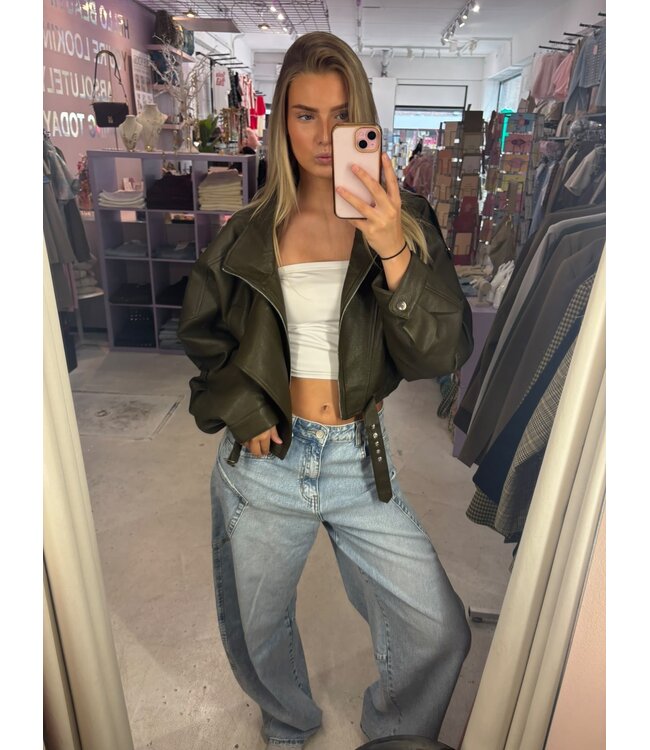 Blair Bomber Jacket - Army Green Vegan Leather