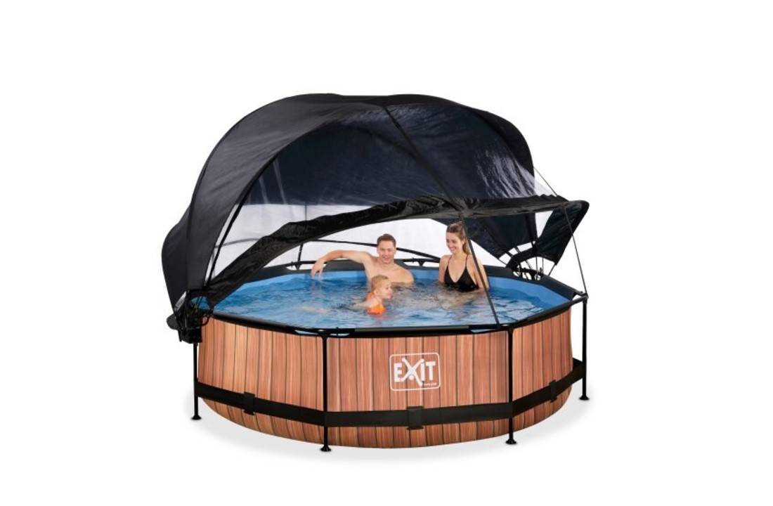 EXIT Toys zwembad Wood ø300x76cm met overkapping, schaduwdoek en filterpomp