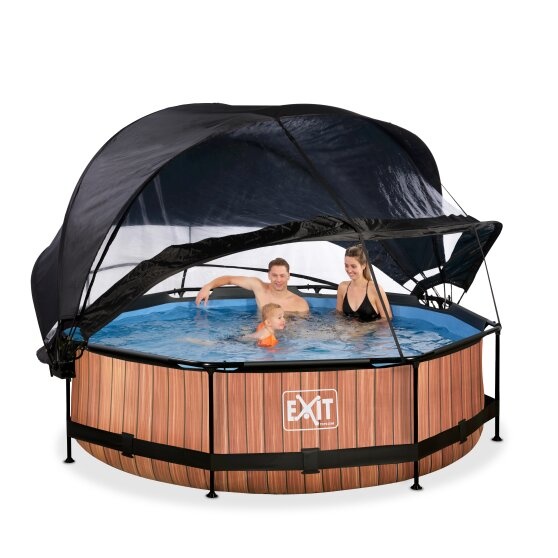 EXIT Toys zwembad Wood ø300x76cm met overkapping, schaduwdoek en filterpomp