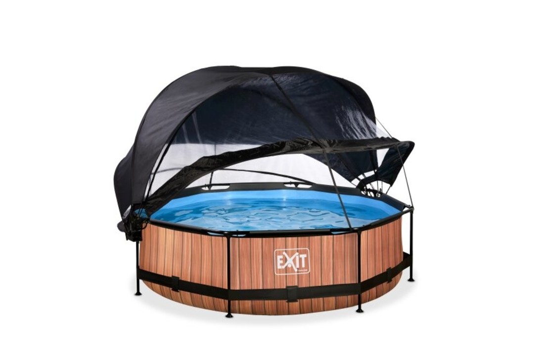 EXIT Toys zwembad Wood ø300x76cm met overkapping, schaduwdoek en filterpomp