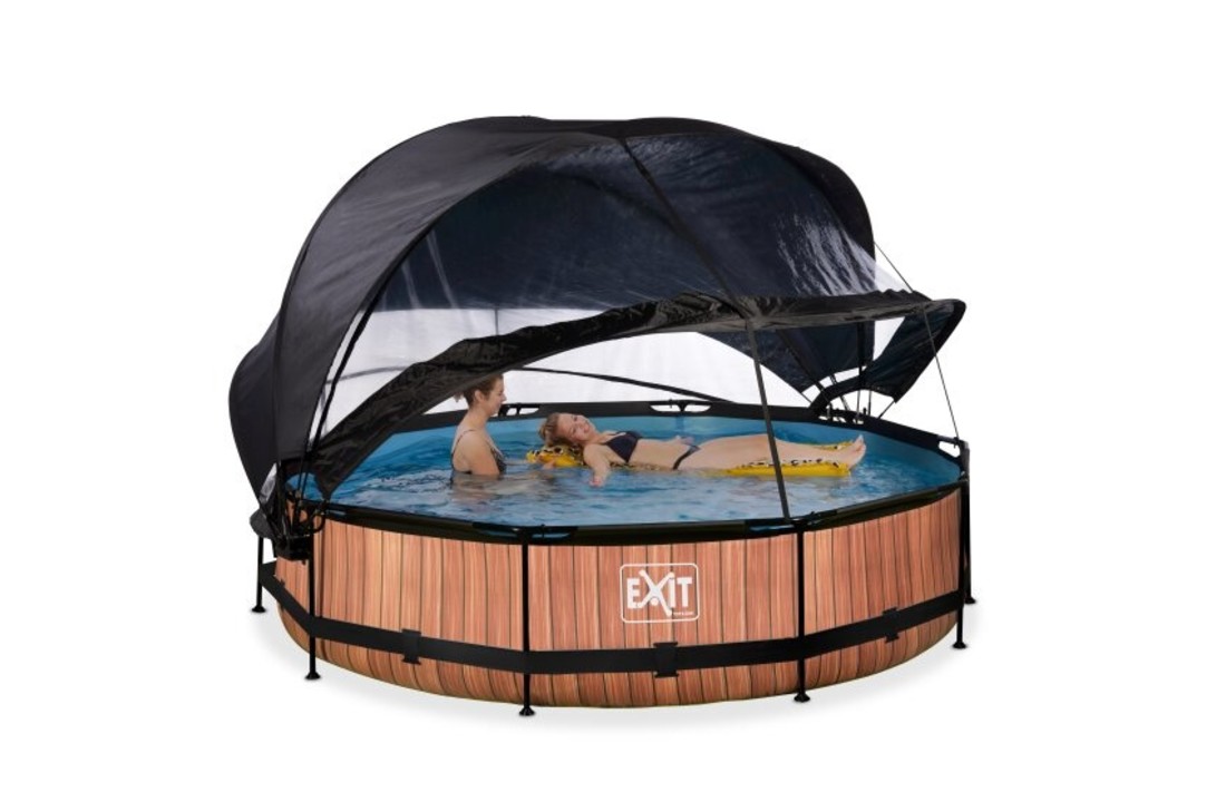 EXIT Toys zwembad Wood ø360x76cm met overkapping, schaduwdoek en filterpomp