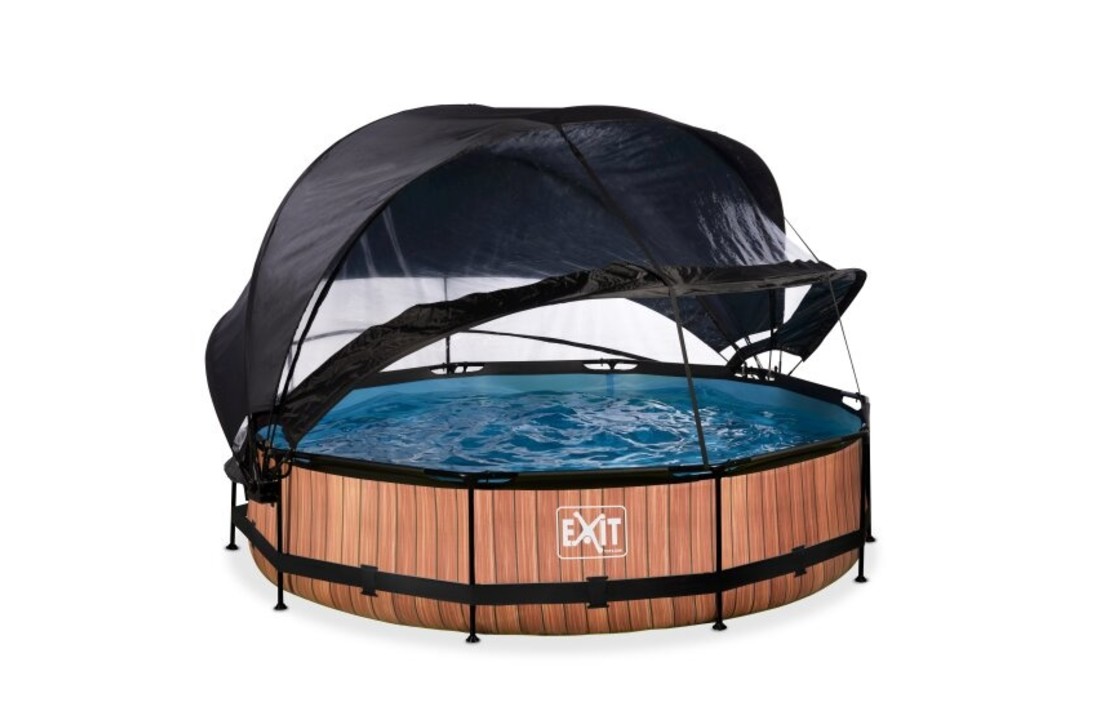 EXIT Toys zwembad Wood ø360x76cm met overkapping, schaduwdoek en filterpomp