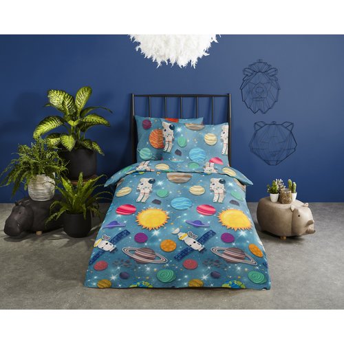 Good morning Dekbedovertrek Spaceworld - 140x220 flanel kids nr.30605 blauw