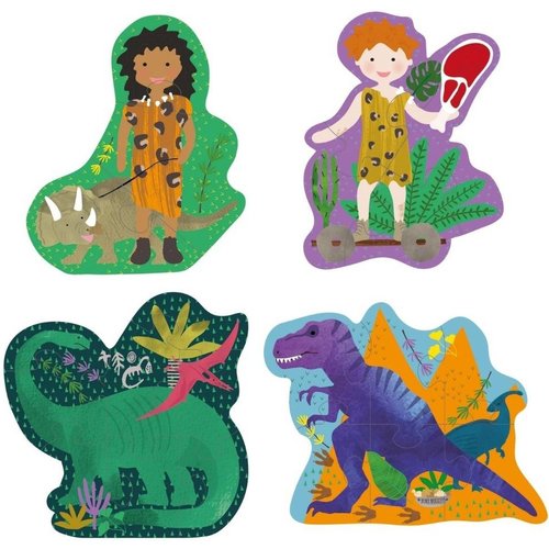 Floss & Rock 4 x Puzzel, Dino - 3, 4, 6 en 8 stukjes - 15 x 11 cm