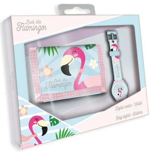 Flamingo Set Portemonnee + digitaal kinderhorloge Multi