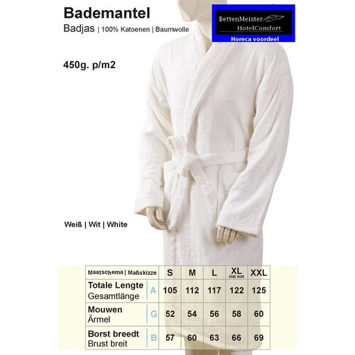 hotelgroothandel.nl Badjas - shawlkraag - 450g. p/m2  XL - Wit (Optisch gebleekt)  100% katoen/ badstof