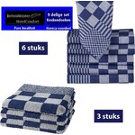 hotelgroothandel.nl 9-delige sets keukendoeken blauw/wit - 6 x theedoeken 65x65cm + 3 keukenhanddoeken 5x50cm