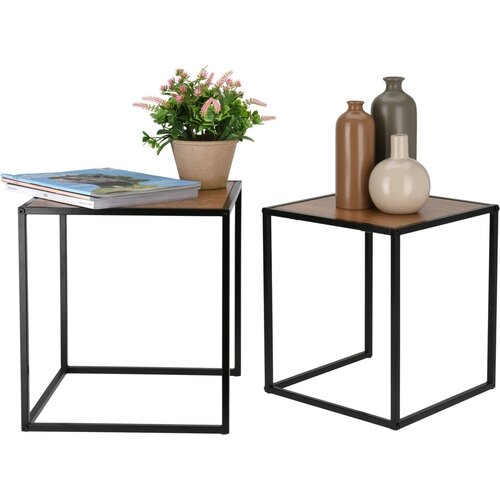 HuisenBed Bijzettafel/planten verhoger/standaard - set 2-delig - bruin|zwart - metaal - 37 x 34/34 x 30 cm