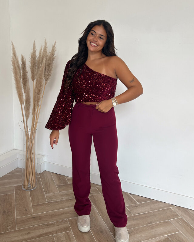 one shoulder glitter top - bordeaux