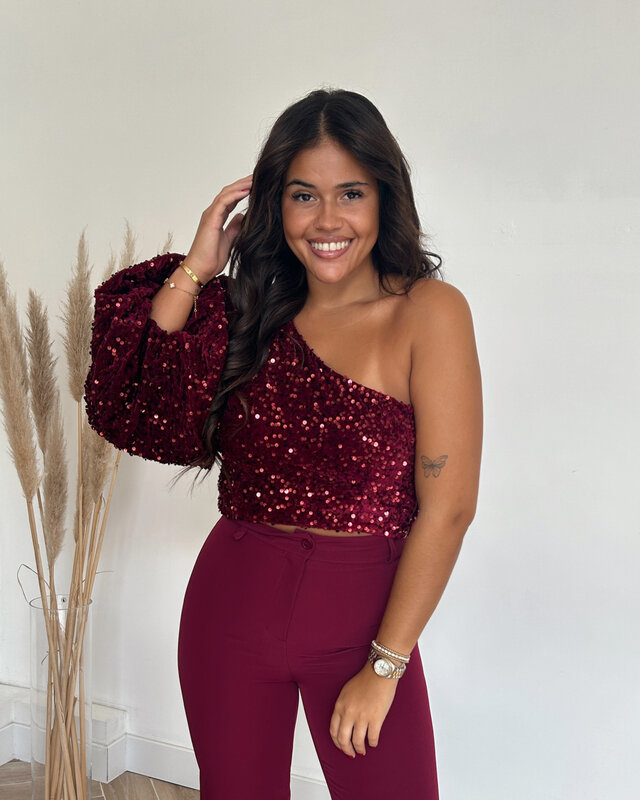 one shoulder glitter top - bordeaux