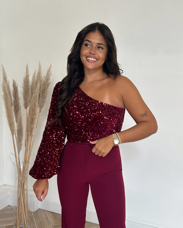 one shoulder glitter top - bordeaux