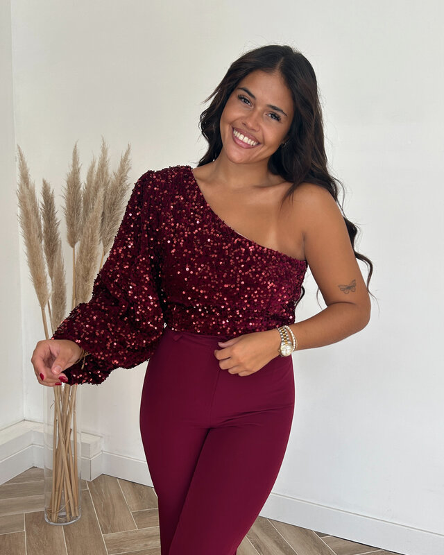 one shoulder glitter top - bordeaux
