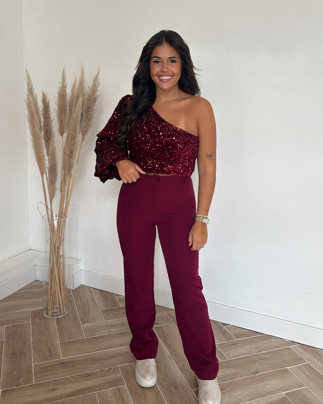 one shoulder glitter top - bordeaux