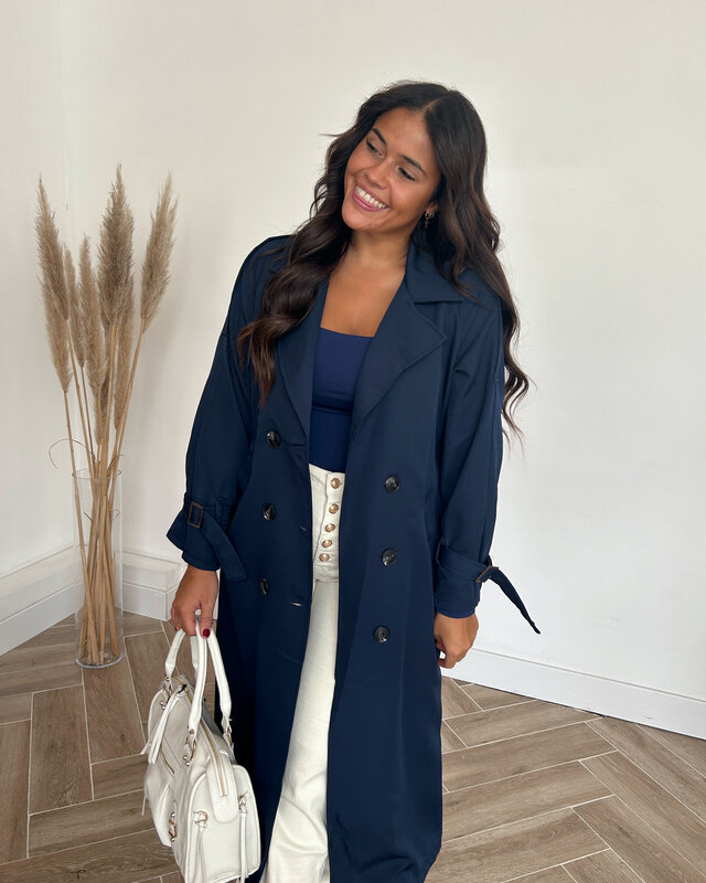 navy trenchcoat