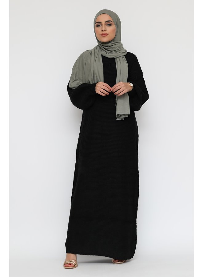 Long sweater dress with puffed sleeve -black