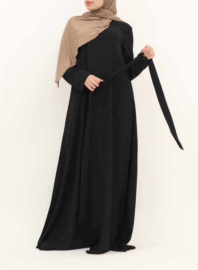 A-line abaya with belt - black