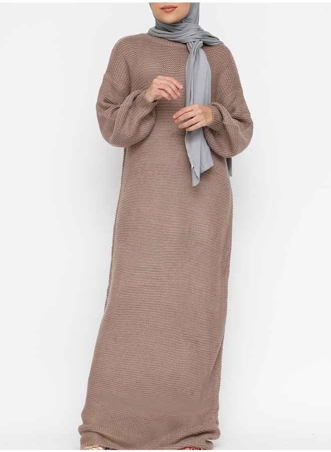 Long sweater dress with puffed sleeve -taupe