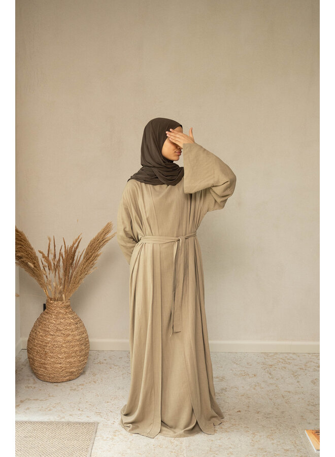 Luxury Natural Linen Longsleeve Dress & Kimono  - Deep Olive