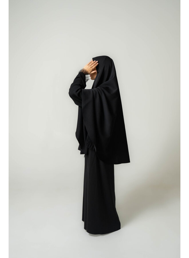 Sweater Mesh Abaya and Khimar Set - Black