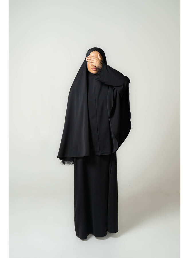 Sweater Mesh Abaya and Khimar Set - Zwart