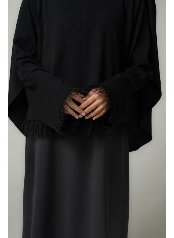 Sweater Mesh Abaya and Khimar Set - Zwart