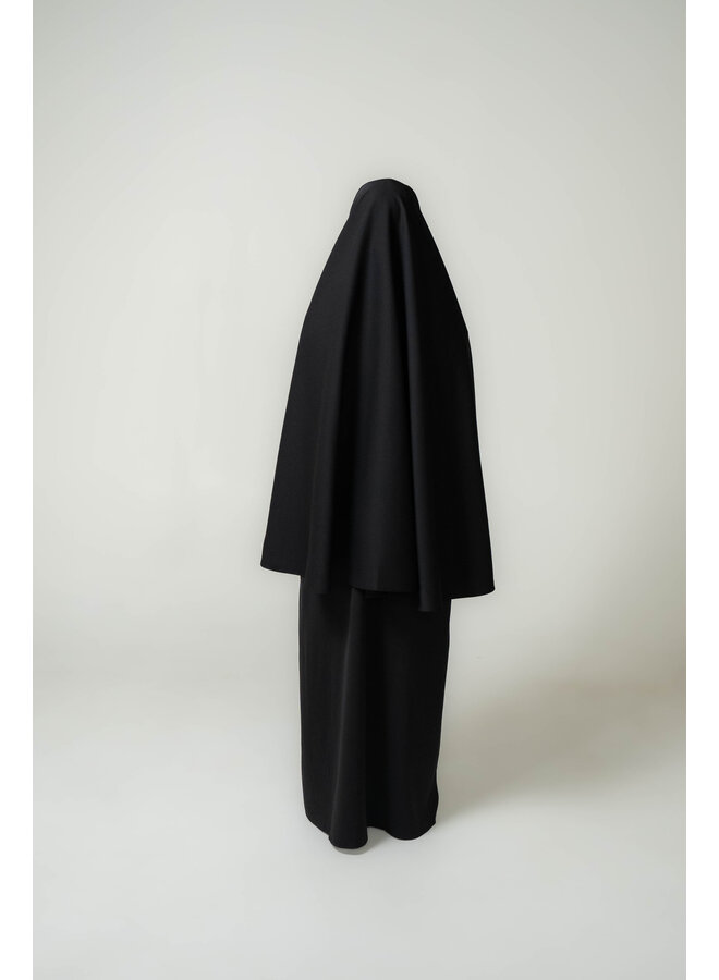 Sweater Mesh Abaya and Khimar Set - Black