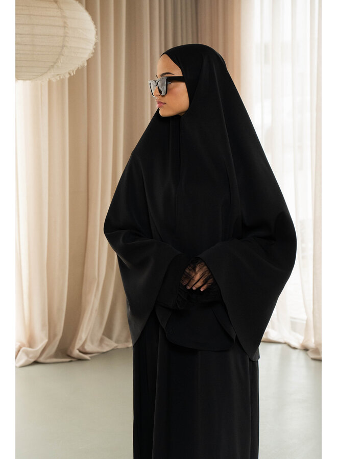 Sweater Mesh Abaya and Khimar Set - Zwart