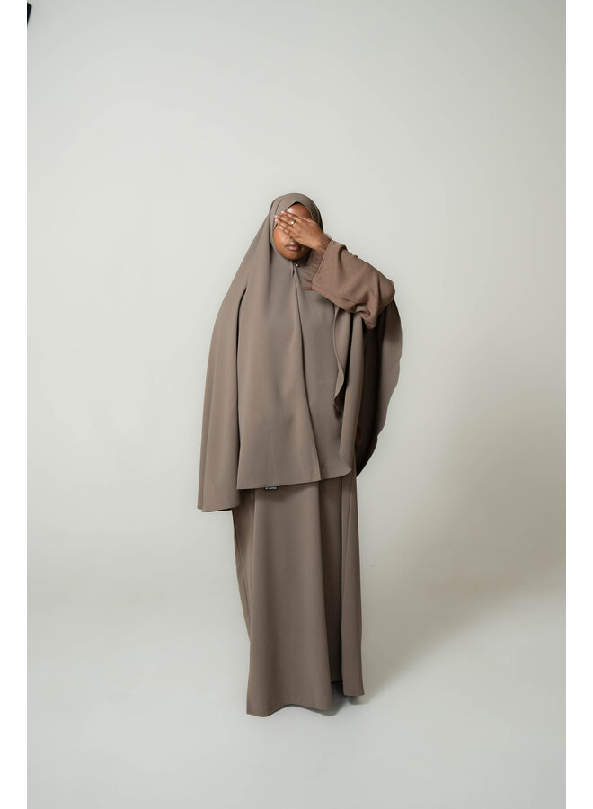 Sweater Mesh Abaya and Khimar Set - Deep Taupe