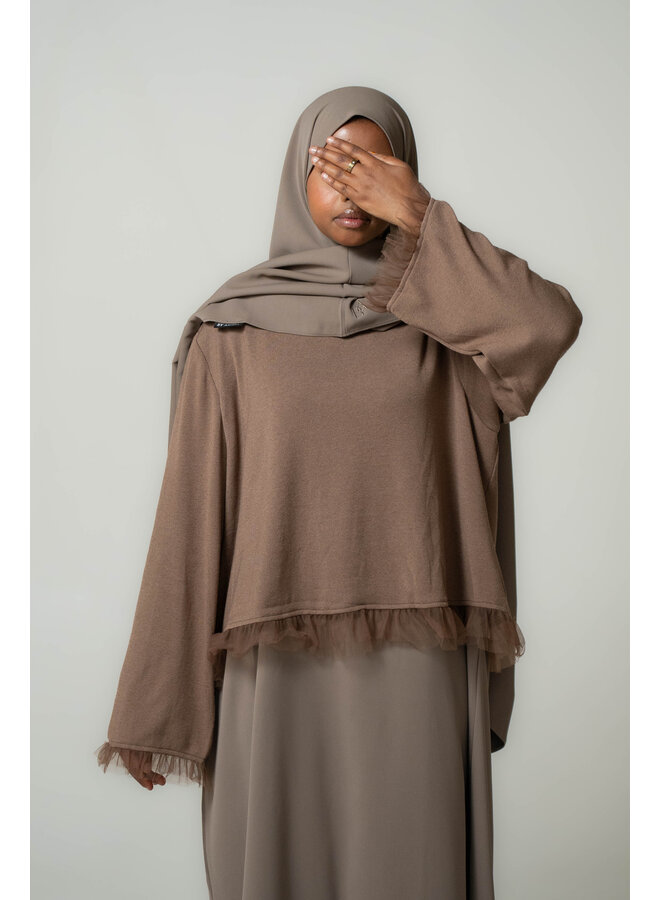 Sweater Mesh Abaya and Khimar Set - Deep Taupe