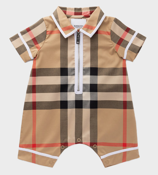 Baby Check Stretch Cotton Playsuit Beige