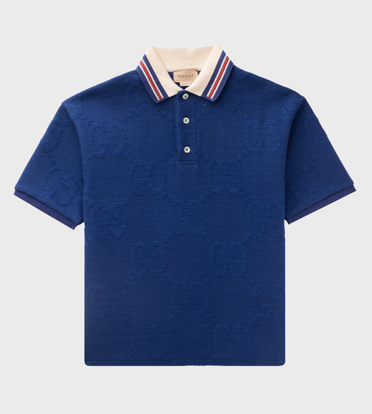 Striped-Collar Knitted Polo Shirt Blue